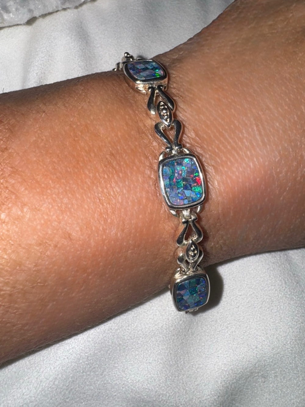 Vintage Michelle Albala Sterling Silver  Real Opal Mosaic Bracelet 8"